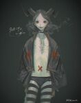  1boy black_background black_choker black_hair black_jacket cevio choker cross cross_necklace demon_boy forehead goat_horns haikokyuu highres horns jacket jewelry looking_at_viewer medium_hair necklace open_clothes open_jacket pants quixote_(cevio) red_eyes scar scar_on_chest sharp_teeth signature smile striped_clothes striped_thighhighs teeth thighhighs unworn_sleeves x 