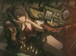  1girl ame-chan_(needy_girl_overdose) black_eyes black_hair black_skirt commentary couch drill_hair hair_over_one_eye highres junpaku_karen long_hair needy_girl_overdose red_shirt shirt short_sleeves silk skirt solo spider_web twin_drills 