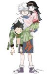  alluka_zoldyck black_hair brother_and_sister carrying carrying_person carrying_under_arm dress gon_freecss highres hunter_x_hunter killua_zoldyck long_hair long_sleeves short_hair shorts siblings spiked_hair torohiko white_background white_hair 