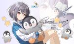  1girl absurdres bang_dream! bang_dream!_it&#039;s_mygo!!!!! blue_jacket blush brown_eyes closed_mouth collared_shirt commentary grey_hair hair_between_eyes highres jacket long_sleeves looking_at_viewer maoerduo_meow outline shirt short_hair stuffed_animal stuffed_penguin stuffed_toy takamatsu_tomori white_outline white_shirt 