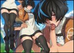  1boy 1girl absurdres black_hair black_thighhighs blonde_hair blue_hair blue_jacket blue_streaks blush breasts brother_and_sister commentary cum cum_in_clothes cum_through_clothes ejaculation_under_clothes english_commentary erection fellatio frottage guilty_gear guilty_gear_strive hetero highres incest jacket licking licking_penis multicolored_hair open_clothes open_jacket oral penis penis_in_thighhigh penis_under_another&#039;s_clothes peppr_n&#039;_salt red_eyes short_hair siblings sin_kiske spiked_hair streaked_hair thighhighs tongue tongue_out turtleneck unika_(guilty_gear) 