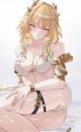  1girl absurdres aglaea_(honkai:_star_rail) arm_tattoo armlet ass bare_shoulders bikini blonde_hair blush bracelet breast_tattoo breasts cameltoe closed_mouth collarbone commentary_request covered_nipples eyelashes eyeshadow facing_viewer flower gold_bracelet green_eyes hair_flower hair_ornament half-closed_eyes hand_on_own_thigh high_heels highres honkai:_star_rail honkai_(series) jewelry large_breasts laurel_crown looking_to_the_side lying makeup medium_hair miya-chan_(lightning0730) multicolored_eyes on_side red_eyeshadow sidelocks sideways_glance signature sitting solo sweat swimsuit tattoo thigh_strap white_background white_bikini yellow_eyes yokozuwari 