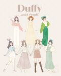  6+girls absurdres animal_ears animification bear_ear_hairband bear_ears brown_hair cookieann duffy_and_friends duffy_the_disney_bear full_body gelatoni genderswap hat highres humanization linabell long_hair looking_at_viewer meecosme multiple_girls olu_mel shelliemay shirt short_hair skirt smile stellalou sweater 