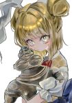  1girl back_bow blonde_hair blue_bow blunt_ends blush_stickers bow bowtie checkered_clothes checkered_dress closed_mouth collared_shirt double_bun dress from_side grey_ribbon hair_bun hair_ribbon haniwa_kue highres hug joutouguu_mayumi looking_at_viewer pinafore_dress puffy_short_sleeves puffy_sleeves red_bow red_bowtie ribbon shirt short_hair short_sleeves simple_background sleeveless sleeveless_dress solo statue touhou upper_body white_background white_shirt yellow_dress yellow_eyes 