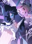  1girl :o absurdres black_choker black_dress blonde_hair blue_eyes blue_hair choker chouzetsusaikawa_tenshi-chan chouzetsusaikawa_tenshi-chan_(gothic_lolita) commentary dress fence gate ghost graveyard hair_ornament halloween hand_on_own_hip hat highres junpaku_karen long_hair long_sleeves multicolored_hair nail_polish needy_girl_overdose nun nurse_cap open_mouth pink_hair quad_tails red_nails red_pupils solo unfinished white_headdress 