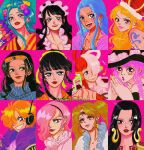  1boy 6+girls aqua_hair arm_tattoo baby_5 black_hair blue_hair blunt_bangs blush boa_hancock charlotte_pudding cigarette clenched_teeth commentary crown curly_eyebrows earrings english_commentary epaulettes extra_eyes eyelashes eyewear_on_head flower hair_over_one_eye hand_fan hat hat_flower headphones highres holding holding_fan itstheenami jewelry kikunojo_(one_piece) kouzuki_hiyori looking_at_viewer maid_headdress multicolored_hair multiple_girls musical_note nami_(one_piece) nefertari_vivi nico_robin oiran one_piece one_piece_film:_red open_mouth orange-tinted_eyewear orange_hair perona pink_background pink_hair ponytail red_hair red_lips red_nails sidelocks simple_background striped_clothes tattoo teeth tinted_eyewear tongue tongue_out turtleneck twintails two-tone_hair uta_(one_piece) vegapunk_lilith vertical-striped_clothes vinsmoke_reiju white_hair 