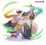 1boy abs animal_ears armor artist_logo artist_name bara barefoot bulge claws closed_mouth english_commentary fake_horns furry furry_male highres holding holding_sheath holding_sword holding_weapon horned_headwear horns kumoyama_(xxl) littledradesu logo looking_at_viewer male_focus muscular muscular_male nipples orange_fundoshi pauldrons pectorals sheath shoulder_armor single_pauldron smile sword tail topless_male weapon white_background wolf_boy wolf_ears wolf_tail xxl_woofia 