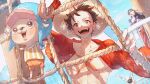  1girl 3boys antlers arms_up bird black_hair blue_sky blush commentary_request hair_slicked_back hat highres horns long_hair monkey_d._luffy multiple_boys nico_robin one_piece outdoors pink_sarong ratline red_shirt reindeer_antlers sarong sc_scandium scar scar_on_chest scar_on_face shirt short_hair shroud_(sailing) sky smile straw_hat striped_clothes tony_tony_chopper usopp vertical-striped_clothes 