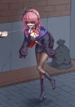  1girl absurdres alternate_costume angel_beats! arms_behind_back ball_gag bdsm black_blindfold black_boots black_bow black_choker black_hairband black_pantyhose blindfold blunt_bangs blush bondage boots bound bound_arms bow breasts cap_(user_dxfj5558) choker cleavage collar collarbone commentary covered_eyes crop_top drooling feather_hair_ornament feathers figure_story full_body gag gagged hair_bow hair_ornament hairband high_heel_boots high_heels highres jacket jacket_on_shoulders knee_boots large_variant_set leaning_forward leash long_hair medium_breasts midriff miniskirt mouth_drool nakamura_yuri open_clothes open_jacket pantyhose pencil_skirt public_indecency purple_hair saliva shibari shibari_over_clothes shorts side_slit skindentation skirt solo standing standing_on_one_leg thighband_pantyhose v-shaped_eyebrows variant_set wiffle_gag 