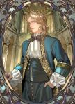  1boy absurdres architecture ascot axis_powers_hetalia black_bow black_bowtie blonde_hair blue_gemstone blue_jacket bow bowtie buttons cane chinese_commentary closed_mouth commentary_request cowboy_shot european_architecture facial_hair fingernails floor floral_print flower_ornament formal_clothes france_(hetalia) frills gem gold_trim green_pants green_vest hand_in_pocket high-waist_pants highres holding holding_cane indoors jacket lips long_sleeves looking_at_viewer male_focus open_clothes open_jacket open_vest pants picture_frame pink_eyes puffy_long_sleeves puffy_sleeves purple_gemstone shirt short_hair smile solo standing vest wavy_hair white_ascot white_shirt zhongerweiyuan 