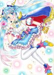  1girl blue_cape blue_eyes blue_hair boots cape cure_sky detached_sleeves gloves gradient_hair hair_ornament halterneck heart high_heel_boots high_heels highres hirogaru_sky!_precure long_hair looking_at_viewer magical_girl marker_(medium) multicolored_hair open_mouth pink_hair precure puffy_detached_sleeves puffy_sleeves solo sora_harewataru tanpopo_no_hana thighhighs traditional_media two-tone_hair white_gloves white_thighhighs wing_hair_ornament 