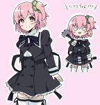  &lt;|&gt;_&lt;|&gt; 1girl :3 absurdres arm_at_side arms_at_sides assault_lily black_ribbon black_skirt blush bright_pupils buttons closed_mouth clover_hair_ornament commentary_request cropped_jacket cropped_legs dual_wielding four-leaf_clover_hair_ornament frilled_skirt frills hair_ornament hammer hand_up high-waist_skirt highres hitotsuyanagi_riri holding holding_hammer juliet_sleeves leg_ribbon long_sleeves looking_at_viewer miniskirt multiple_views neck_ribbon one_side_up outline parted_lips pink_background pink_eyes pink_hair puffy_sleeves ribbon school_uniform shirt short_hair simple_background skirt smile standing thigh_ribbon thighhighs translated v-shaped_eyebrows white_outline white_pupils white_shirt white_thighhighs yurigaoka_girls_academy_school_uniform yuzuki_suzuha zettai_ryouiki 