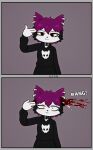 absurd_res anthro blood bodily_fluids bone brain claws clothing collar constricted_pupils death domestic_cat e254e ear_piercing facial_piercing felid feline felis female finger_claws finger_gun gesture gore hand_gesture hi_res hoodie killing lip_piercing mammal organs perforating_wound piercing pupils skull small_pupils suicide topwear veronica_(e254e)