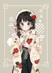  1girl abstract_background absurdres animal_on_shoulder artist_name beret bird bird_on_shoulder black_eyes black_hair black_hakama blush border bow brown_background brown_kimono checkered_bow checkered_clothes choppy_bangs closed_mouth commentary_request cowboy_shot dot_nose floral_print floral_print_kimono flower frilled_wristband hair_flower hair_ornament hair_over_shoulder hakama hat highres holding holding_plant ibispaint_(medium) japanese_clothes kimono long-tailed_tit long_hair long_sleeves looking_at_viewer napo_(napo_illust) original plant print_kimono red_flower smile snowflake_print solo sparkle split_mouth square standing straight-on tit_(bird) variant_set white_flower wide_sleeves wrist_bow wristband 