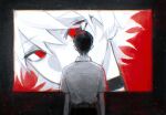  2boys belt black_background black_border black_choker black_hair black_pants border choker chunrinaiming collared_shirt film_grain from_behind hair_between_eyes ikari_shinji inset_border male_focus multiple_boys nagisa_kaworu neon_genesis_evangelion outside_border pants red_background red_eyes shirt short_hair simple_background white_hair white_shirt 