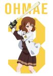  1girl arms_up baseball baseball_bat baseball_uniform batting_stance brown_eyes brown_hair brown_serafuku character_name cowboy_shot from_side german_shiroishi hanshin_tigers hibike!_euphonium holding holding_baseball_bat kitauji_high_school_uniform long_sleeves looking_to_the_side medium_hair neckerchief open_clothes open_mouth open_shirt oumae_kumiko playing_sports school_uniform serafuku shirt short_sleeves simple_background skirt socks solo sportswear teeth two-handed upper_teeth_only v-shaped_eyebrows white_background white_shirt white_socks winter_uniform 