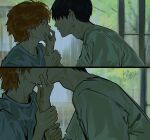  2boys artist_name black_hair french_kiss haikyuu!! hand_on_another&#039;s_arm hand_on_another&#039;s_face highres hinata_shouyou imminent_kiss kageyama_tobio kiss ky_69 looking_at_another male_focus multiple_boys orange_eyes orange_hair rain shirt short_hair upper_body wet wet_clothes white_shirt yaoi 
