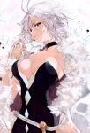  1girl ahoge black_dress black_hair blue_eyes breasts choker clarithtear_hightower cleavage collarbone commentary_request dress galleria_no_chika_meikyuu_to_majo_no_ryodan highres looking_at_viewer medium_breasts short_hair small_pupils solo strapless strapless_dress tsutsugano white_hair wide_hips 