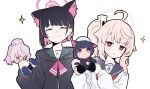  2girls ahoge animal_ear_fluff animal_ears black_hair black_jacket blue_archive bright_pupils cardigan cat_ears character_doll closed_eyes closed_mouth colored_inner_hair doll extra_ears halo highres holding holding_doll jacket kazusa_(blue_archive) long_hair long_sleeves looking_at_viewer multicolored_hair multiple_girls natsu_(blue_archive) parted_lips pink_hair pink_halo red_eyes remise short_hair side_ponytail simple_background smile white_background white_cardigan white_pupils 