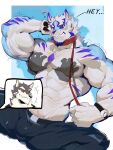  2boys abs animal_ears bara black_pants blush chinese_commentary collar commentary_request furry furry_male highres holding_own_leash lan_uxn live_a_hero male_focus monomasa_(live_a_hero) multiple_boys muscular muscular_male nipples pants pawpads pectoral_grab pectorals sadayoshi_(live_a_hero) speech_bubble spoken_character topless_male watch wolf_boy wolf_ears wristwatch yaoi 