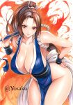  1girl alternate_color artist_name bare_shoulders breasts brown_eyes brown_hair cleavage closed_mouth collarbone commentary_request cowboy_shot fatal_fury fire hand_fan hand_on_own_hip high_ponytail highres holding holding_fan large_breasts leaning_forward lips long_hair looking_at_viewer motoyui ninja parted_bangs pelvic_curtain pink_lips ponytail rope sash shiranui_mai solo street_fighter street_fighter_6 thighs yosaku_vs_hina 