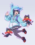  1girl absurdres black_hair blue_hat blurry blurry_background cat closed_eyes commentary_request day fang grass hair_between_eyes hat highres hood hood_up hoodie knees_together_feet_apart litten nyabiko_(pokemon) open_mouth pokemon pokemon_(anime) pokemon_(creature) pokemon_horizons short_hair signature skirt smile thighhighs tongue yibuzhai 