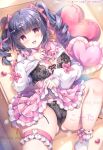  1girl black_bra black_panties blush bow bra breasts choker cleavage drill_hair frills hair_bow hair_ornament hairclip heart jewelry kouta. lace-trimmed_bra lace-trimmed_panties lace_trim large_breasts long_hair long_sleeves looking_at_viewer lying on_back open_mouth original panties pillow pink_bow pink_choker pink_skirt purple_eyes purple_hair shirt skirt smile solo thighlet twin_drills twintails underwear 