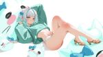  1girl ahoge alternate_costume blue_eyes blush blush_stickers bow cropped_sweater feet frilled_panties frills gradient_hair green_hair green_sweater hair_bow hair_ornament high_heels highres indie_virtual_youtuber legs looking_at_viewer looking_down loose_clothes maid_headdress midriff mint_fantome mole mole_on_ass multicolored_hair no_pants panties pointy_ears sandals sansha_art simple_background solo sweater toeless_legwear toes triangular_headpiece underwear virtual_youtuber white_background white_hair wisps_(mint_fantome) x_hair_ornament 