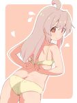  1girl ahoge arms_behind_back ass bare_arms bare_shoulders border bra brown_eyes butt_crack commentary cowboy_shot flying_sweatdrops from_behind grey_hair hair_between_eyes heart highres long_hair looking_at_viewer looking_back multicolored_hair onii-chan_wa_oshimai! outline outside_border oyama_mahiro panties pink_hair simple_background smile solo two-tone_hair underwear underwear_only unkimo white_border white_outline yellow_bra yellow_panties 