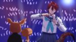  1boy 1girl blue_neckerchief blue_sailor_collar blue_skirt closed_eyes cosplay cowboy_shot crossdressing dancing deer deer_girl dinosaur_boy dinosaur_tail ginfutsuu glowstick highres hino_minami_high_school_uniform holding holding_mallet holostars holostars_english jurard_t_rexford koshi_torako koshi_torako_(cosplay) mallet meme neckerchief penlight_(glowstick) red_hair sailor_collar school_uniform serafuku shikairo_days shikairo_days_dance_(meme) shikamane shikanoko_nokonoko_koshitantan skirt tail virtual_youtuber 