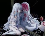  1girl black_background blood blue_flower box bra broken_mirror cake different_reflection dress flower food frilled_bra frilled_dress frilled_panties frills fruit gift gift_box hammer highres holding holding_hammer jewelry long_hair looking_at_reflection mask mirror monou_pico necklace original panties pearl_necklace purple_flower red_flower red_rose reflection ribbon rose simple_background sitting socks solo strawberry tulip underwear unworn_jewelry unworn_necklace very_long_hair white_bra white_dress white_hair white_panties white_socks yellow_flower yokozuwari 
