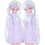  2girls age_comparison aran_sweater cable_knit dress dual_persona expressionless grey_hair highres long_hair monogatari_(series) multiple_girls oikura_sodachi orange_eyes owarimonogatari rhinth sweater sweater_dress twintails white_sweater 