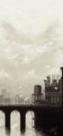  artist_name bridge casver_w cityscape cloud cloudy_sky commentary creature english_commentary flying highres industrial_pipe limited_palette no_humans outdoors overgrown rain_world rust scenery signature sky slugcat small_moth_(rain_world) watcher_(rain_world) water_tank 