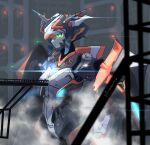  1girl absurdres artist_name colossus_(natsukaze_shigure) crane_(machine) from_side giant giantess glowing glowing_eyes green_eyes highres horns mecha mecha_musume mechanical_wings natsukaze_shigure no_humans original robot robot_girl science_fiction single_horn solo wings 