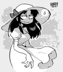  1girl 2channel bags_under_eyes black_hair breasts closed_mouth cosplay dress elbow_gloves english_text glasgow_smile gloves greyscale hasshaku-sama hasshaku-sama_(cosplay) hat highres jaggy_lines large_breasts long_dress long_fingers long_hair looking_at_viewer mixed-language_commentary monochrome multicolored_hair noss_&amp;_zakuro noss_(rariatto) rariatto_(ganguri) ribbed_dress solo standing streaked_hair sun_hat sundress urban_legend vampire wavy_mouth white_dress white_hair white_hat 