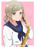  1girl blue_neckerchief blue_sailor_collar border brown_eyes brown_hair closed_mouth etra-chan_wa_mita! highres holding holding_instrument instrument long_sleeves low_twintails neckerchief notice_lines outside_border pink_background sailor_collar school_uniform serafuku short_hair shui_6 simple_background smile solo swept_bangs tsutsuji_(etra-chan_wa_mita!) twintails v white_border 