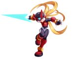  1boy absurdres android armor black_eyes blonde_hair energy_sword forehead_jewel full_body helmet highres holding holding_sword holding_weapon jwc_vevo long_hair male_focus mega_man_(series) mega_man_zero_(series) red_armor red_helmet simple_background solo sword weapon white_background z_saber 