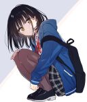  1girl akinoko_(noco916) backpack bag black_bag black_hair black_pantyhose black_shoes black_skirt blue_hoodie choppy_bangs closed_mouth dot_mouth full_body hand_on_own_knee highres hood hoodie jacket loafers looking_at_viewer medium_hair nekozane_mugi open_clothes open_jacket pantyhose pleated_skirt school_uniform shirt shoes skirt slit_pupils solo squatting tonari_no_neko_to_koi_shirazu white_shirt yellow_eyes 
