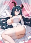  1girl ass bare_shoulders bed black_hair black_horns blush breasts commentary dress echocalypse elbow_gloves english_commentary feet_out_of_frame flower garter_straps gloves green_eyes hair_intakes heart heart-shaped_pillow helloimtea highres horns huge_breasts lace-trimmed_thighhighs lace_trim long_hair looking_at_viewer on_bed panties parted_lips pillow pink_flower pink_petals pink_rose rosabelle_(echocalypse) rose solo thighhighs thighs underwear veil very_long_hair white_dress white_garter_straps white_gloves white_panties white_thighhighs white_veil 