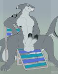2_penises abs animal_genitalia animal_penis anthro balls chair claws digitigrade diphallism fish furniture genitals hemipenes hi_res horizontal_diphallism looking_at_viewer male marine multi_genitalia multi_penis muscular nude penis plagueburd shark smile solo