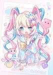  1girl :d aegyo_sal blonde_hair blue_eyes blue_hair blue_serafuku bow cat chest_belt chouzetsusaikawa_tenshi-chan colored_tips cursor doodle_inset english_text fake_photograph ghost hair_bow half-closed_eye heart highres index_finger_raised looking_at_viewer multicolored_hair multiple_hair_bows needy_girl_overdose outside_border pastel_colors pink_hair quad_tails school_uniform serafuku smile solo sparkling_eyes yukomeow 