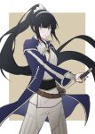  artist_request ascot belt black_hair black_sash blue_coat border brown_background brown_belt coat comp_(megami_tensei) cosplay cowboy_shot flynn_(megami_tensei) flynn_(megami_tensei)_(cosplay) gauntlets grey_eyes hairband highres holding holding_sheath holding_sword holding_weapon long_hair magadori_kyoshika outside_border pants ponytail sash second-party_source sheath shin_megami_tensei shin_megami_tensei_iv single_gauntlet sword the_hundred_line_-last_defense_academy- unsheathing weapon white_ascot white_border white_pants white_trim yellow_trim 