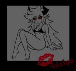 big_breasts big_hair breasts clothed clothing fangs feet female foot_fetish hair horn humanoid kiss_mark partially_clothed photo red_eyes red_text ruza_(game) solo teeth text thick_thighs