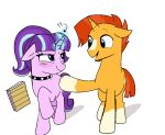 2025 black_collar blue_eyes blue_mane blush blush_lines book closed_smile collar colored cutie_mark digital_drawing_(artwork) digital_media_(artwork) directional_arrow duo ears_down english_description equid equine eyelashes facial_hair female female_feral feral friendship_is_magic fur goatee hair hasbro hooves horn larger_feral larger_male long_tail magic_user male male/female male_feral mammal mane mouth_closed multicolored_body multicolored_fur multicolored_mane my_little_pony mythological_creature mythological_equine mythology number open_mouth open_smile orange_body orange_facial_hair orange_fur orange_goatee orange_mane orange_tail pivoted_ears ponytail purple_body purple_eyes purple_fur purple_hooves purple_mane quadruped raised_hoof shaded short_mane simple_background simple_shading size_difference smaller_female smaller_feral smile smiling_at_another smiling_at_each_other spanish_description spiked_collar spikes standing starlight_glimmer_(mlp) sunburst_(mlp) tail thin_eyebrows two_tone_body two_tone_fur two_tone_mane two_tone_tail unguligrade unicorn unicorn_horn white_background white_hooves wolflly10