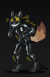 anthro black_clothing black_latex black_skinsuit brown_body brown_fur canid canine canis clothing crotch_zipper domestic_dog drone dronification english_text feeling_up_self feet full-length_portrait fur hi_res karr_(lukst) latex latex_clothing latex_skinsuit lukst male mammal mask onomatopoeia portrait rubbing_self simple_background skinsuit solo sound_effects tail text tight_clothing x_eyes