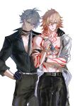  2boys abs antenna_hair arm_strap arm_tattoo belt black_belt black_collar black_gloves black_pants black_shirt blonde_hair blue_eyes braid chest_tattoo chinese_commentary coat collar commentary_request earclip earrings facial_tattoo gloves gold_earrings gold_necklace gradient_hair hair_between_eyes half_gloves hand_on_another's_shoulder hand_on_own_hip holding holding_leash honkai:_star_rail honkai_(series) jewelry leash looking_at_another male_focus medium_hair multicolored_hair multiple_boys mydei_(honkai:_star_rail) navel_piercing necklace official_alternate_costume open_clothes open_coat pants parted_bangs pectoral_cleavage pectorals phainon_(fashion)_(honkai:_star_rail) phainon_(honkai:_star_rail) piercing ponytail qiaose33912 red_hair red_tattoo shirt short_hair side_braid sleeves_rolled_up tattoo toned toned_male v-shaped_eyebrows white_coat white_hair yaoi yellow_eyes 