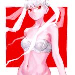  1girl albino bare_hips bra commentary hair_ornament hair_scrunchie highres lingerie long_hair looking_at_viewer monogatari_(series) oikura_sodachi owarimonogatari red_eyes rhinth scrunchie solo strapless strapless_bra twintails underwear white_hair 
