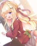  1girl ;d ass beret black_bow blonde_hair blue_eyes blurry blurry_background blush bow braid brown_bow clock clothes_lift commentary_request commission crescent crescent_hair_ornament depth_of_field dutch_angle fox_tail green_bow grey_skirt hair_bow hair_ornament hairclip hat highres holding lifted_by_tail long_hair long_sleeves looking_at_viewer one_eye_closed open_mouth original panties pantyshot pleated_skirt pocket_watch red_sweater ribbon shiro9jira shirt skeb_commission skirt skirt_lift sleeves_past_wrists smile solo sweater tail tail_raised underwear very_long_hair watch white_panties white_shirt window x_hair_ornament 