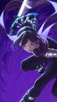  1boy absurdres black_bodysuit black_hair bodysuit eye_trail facial_mark hair_bun highres holding holding_sword holding_weapon light_trail looking_at_viewer male_focus ninja one-punch_man onsoku_no_sonic open_mouth purple_background purple_eyes purple_scarf re_naya scarf solo sword weapon 