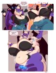 anthro azule_(thepieman03) belly big_breasts blue_penis blush bodily_fluids breasts clothing comic dialogue dragon english_text female genitals hi_res horn huge_breasts male membrane_(anatomy) membranous_wings mythological_creature mythological_scalie mythology navel overweight overweight_anthro overweight_female penis roly scalie size_difference speech_bubble sweat tearing_clothing text torn_clothing wings
